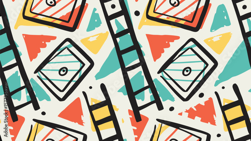 Seamless pattern with abstract shapes including squares triangles and ladder motifs on a light background