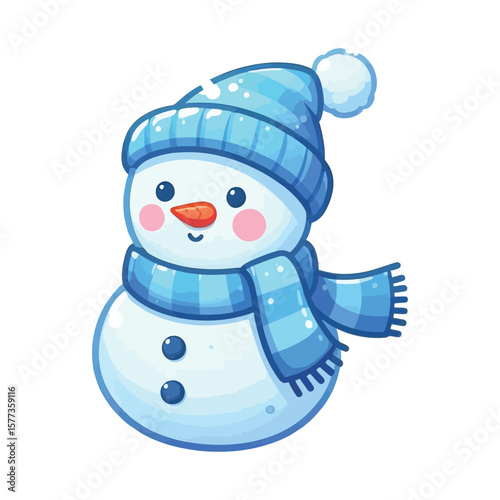 Cute blue snowwoman with hat and scarf vector illustration isolated on white background