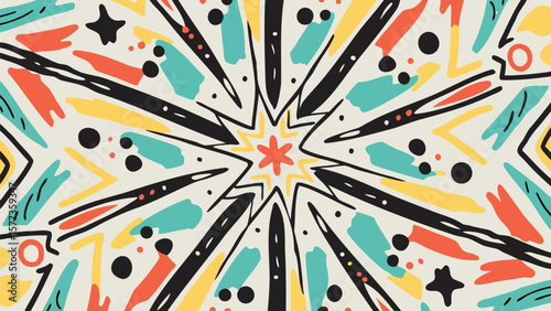 Kaleidoscopic design featuring a central starburst with abstract shapes and vibrant color palette design