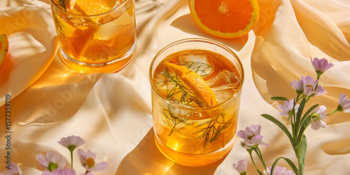 Iced Tea with Lemon and Orange Slices on White Fabric with Purple Flowers

