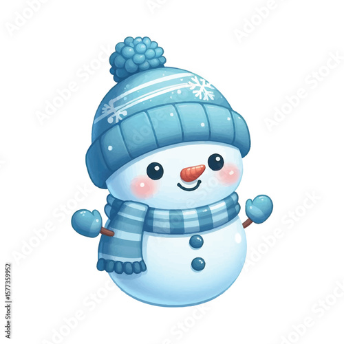 Cute blue snowwoman with hat and scarf vector illustration isolated on white background