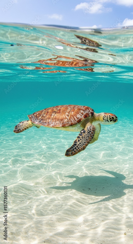 Obraz premium Sea turtle swimming in the clear waters of Mafia Island, Tanzania. A serene marine wildlife scene in one of East Africa’s top snorkeling and diving destinations.