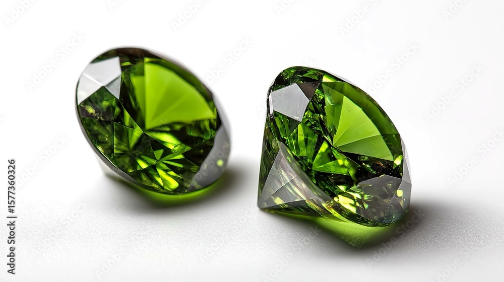 Fototapeta premium Two green facet cut gemstones isolated