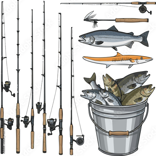 Create a kinds of deferent Fishing rod and a bucket of fish vector art with white background.