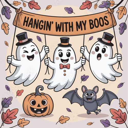 Three cute cartoon ghosts hang from a banner with autumn leaves and a jack o lantern halloween spooky