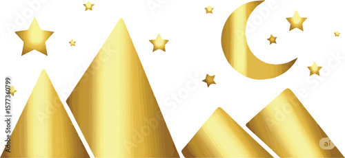 Create a kinds of deferent Golden foil mountain peak and moon Vector art with white background.