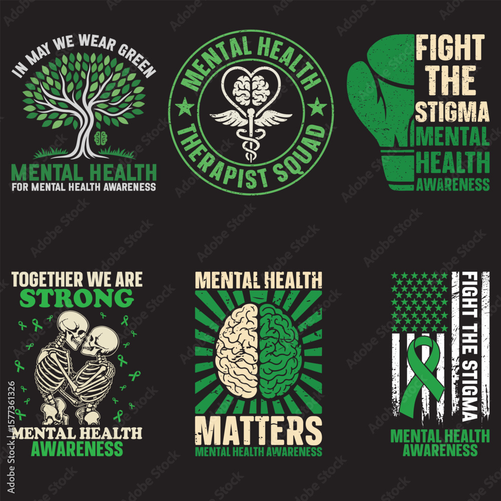 Fototapeta premium Collection of Mental Health T-shirt Vector, Positive Quotes Shirt, Green Mental Health Illustration, Self Love Tshirt, Self Care Clipart