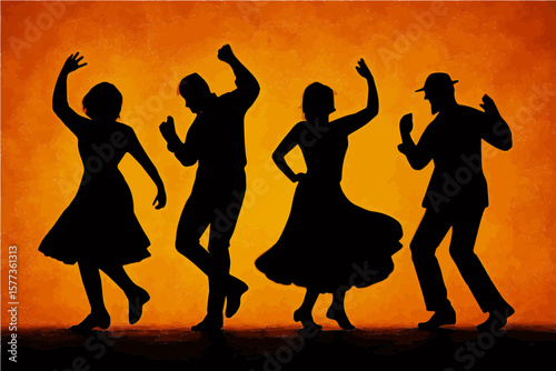 Silhouette of four people dancing with an orange background in a vintage style illustration