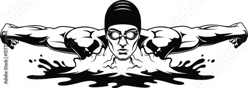 Illustration of a swimmer in black and white with water splashing around