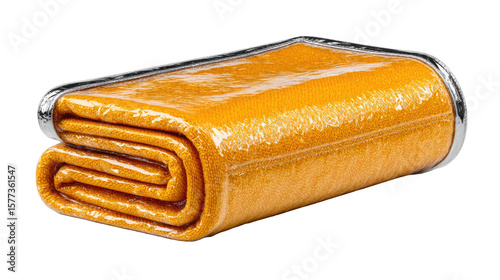Shiny Packaging: A close-up studio shot of a neatly folded, shiny, golden-yellow package. The image is clean, and the details are sharp, highlighting the product's design and appeal. 