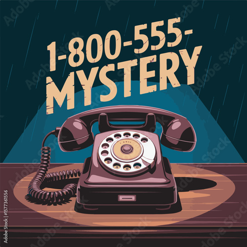 Vintage rotary telephone with 1 800 555 M Y S T E R Y text in dramatic lighting rotary phone vintage telephone