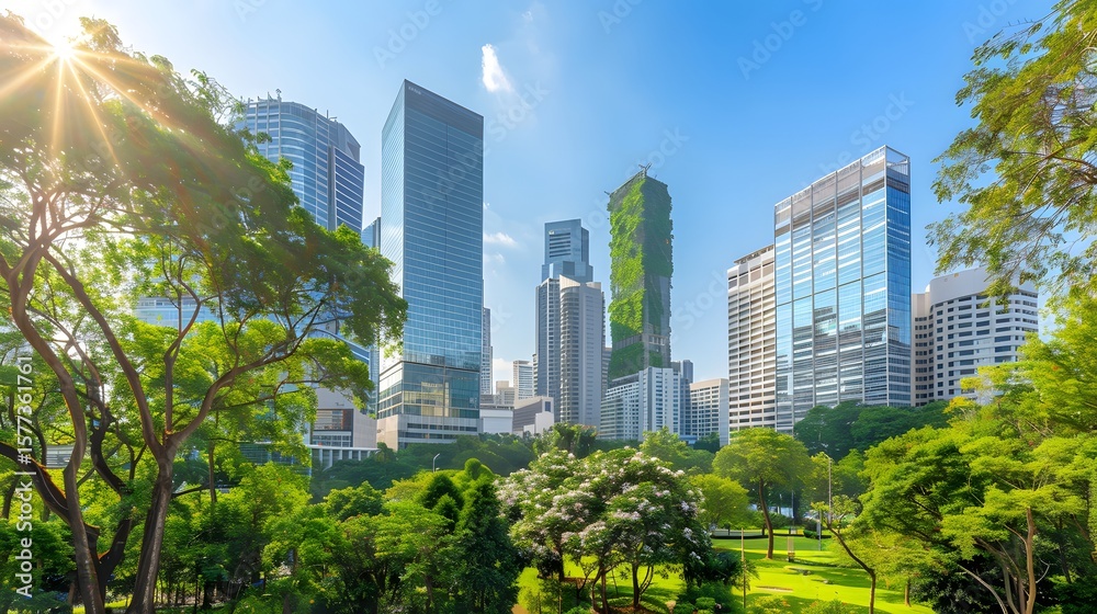 Fototapeta premium Lush Green Urban Park with Modern City Skyline and Sunlight