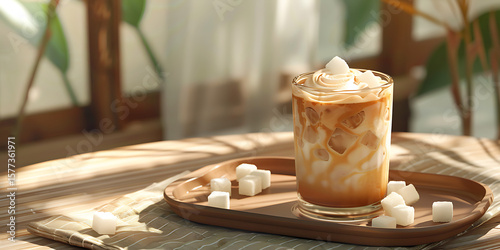 Coffee with Milk Foam and Marshmallows on Wooden Tray by Window


