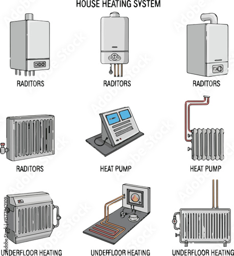 Create a kinds of deferent House heating system vector art with white background.