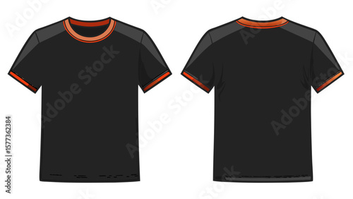A blank black T-shirt template, front and back view, rests perfectly on a white background. Its crisp lines and deep shade highlight contrast and style in vector-ready design.

