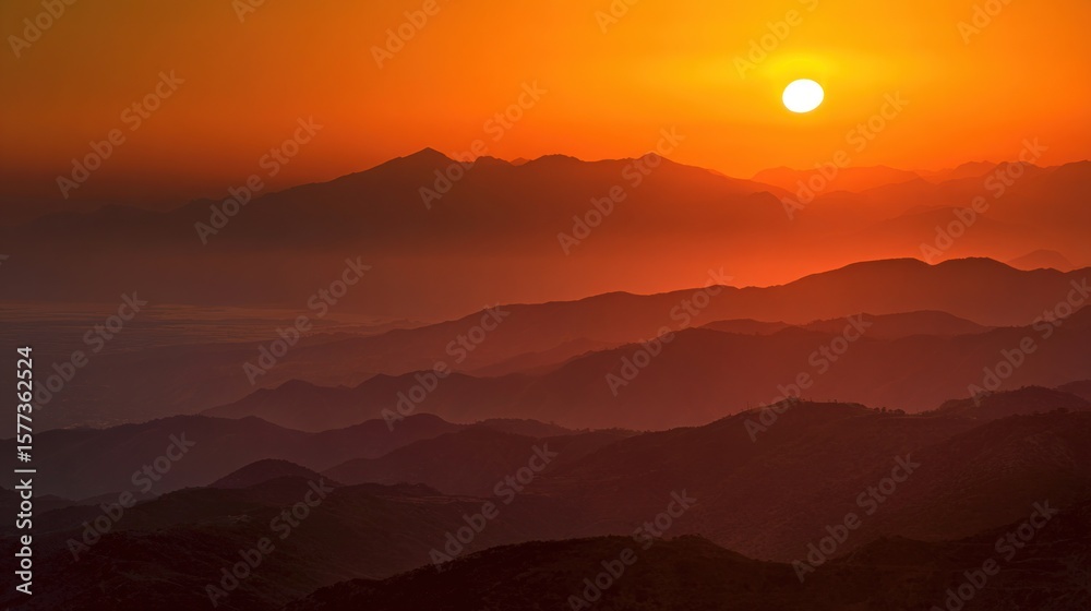 Fototapeta premium Sunset Glow Over Mountain Ranges with Hazy Layers and Fiery Orange Sky