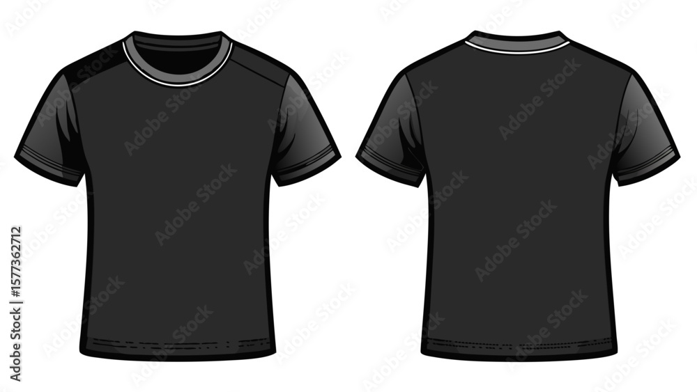 Naklejka premium A blank black T-shirt template, front and back view, rests perfectly on a white background. Its crisp lines and deep shade highlight contrast and style in vector-ready design.