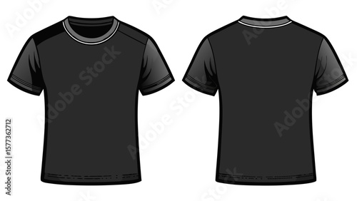 A blank black T-shirt template, front and back view, rests perfectly on a white background. Its crisp lines and deep shade highlight contrast and style in vector-ready design.

