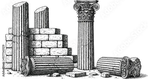Illustration of ancient greek ruins with columns and brick structure