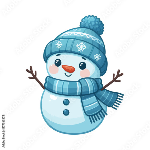 Cute blue snowwoman with hat and scarf vector illustration isolated on white background