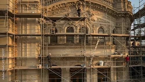 Wallpaper Mural Workers Restoring Historic Building Facade with Scaffolding Torontodigital.ca