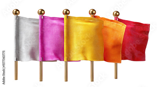 Flags of Color: Array of vibrant flags each a different color wave in a bright display, set against a clean background