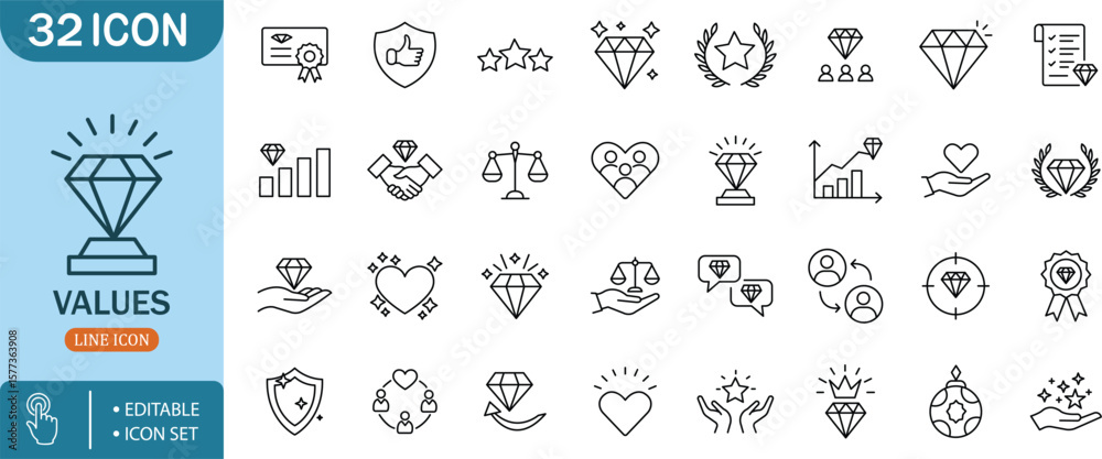Fototapeta premium Values Diamond Award Trophy Leadership Quality Business Line Icon Setvalues,diamond,award,trophy,leadership,quality,business,icon,line,editable,set,certificate,shield,thumbs,stars,laurel,people,docume