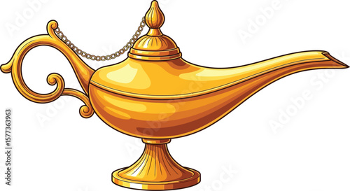 Illustration of a golden aladdin lamp with handle and chain detail