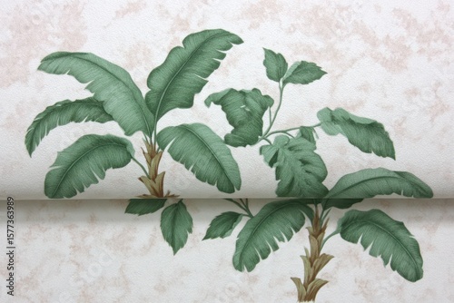 Lush green tropical palm leaves on textured paper with a marbled pattern