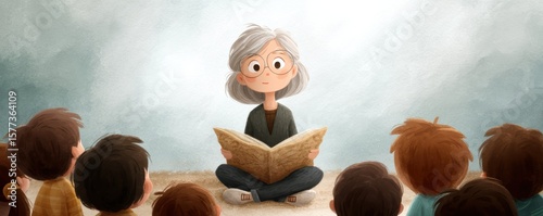 Compassionate Older Nanny Reading Large Storybook to Engaged Children in a Whimsical Setting