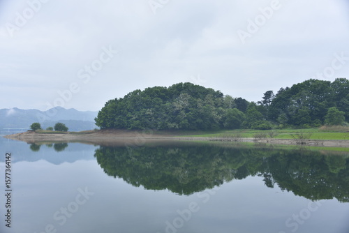 Fotografie A quiet forest reflecting perfectly in a still lake, capturing the tranquility o