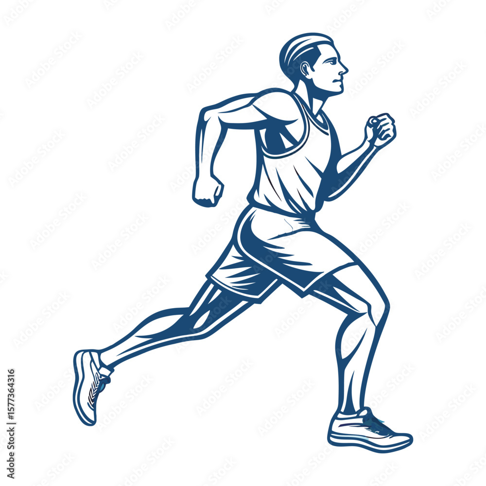 Obraz premium Athletic man running in profile view dark blue outline