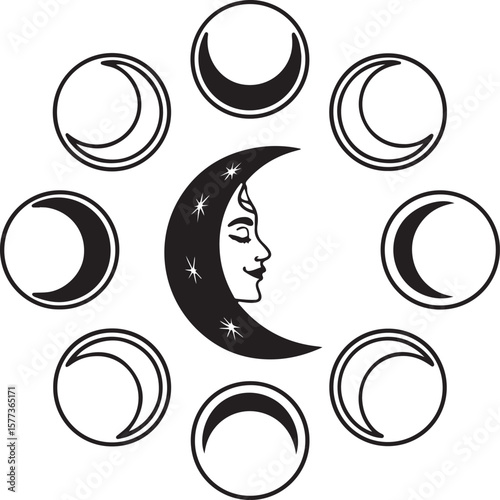 Stylized Moon Phases Solid Black Silhouette Vector Icon Design – Celestial Lunar Cycle Clipart for Mystical and Astronomical Graphics