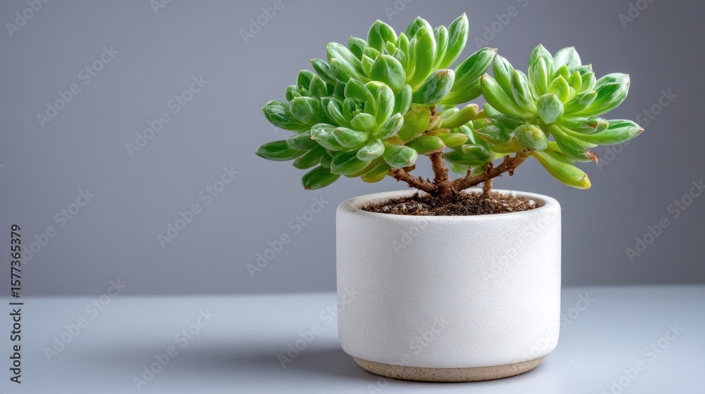 Obraz premium Small Succulent Plant in Modern White Pot Isolated on Gray Background for Home or Office Decor