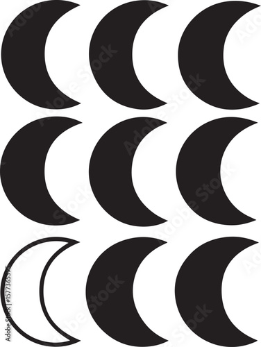 Stylized Moon Phases Solid Black Silhouette Vector Icon Design – Celestial Lunar Cycle Clipart for Mystical and Astronomical Graphics