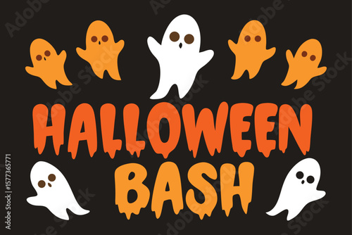 Halloween Bash Invitation with Cute Ghosts and Dripping Letters on Black Background