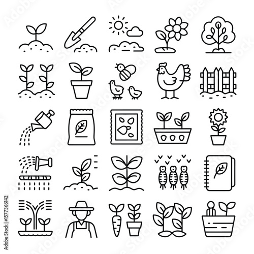 Black Line Art Gardening Icons Collection Seedlings Plants Flowers Tools Watering Can Fertilizer Chicken Farm Fence Sun Clouds Soil Potted Plants Growth Set