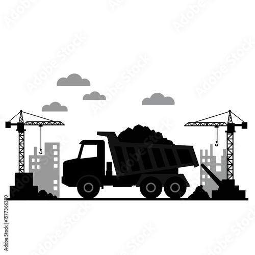 A silhouette of a dump truck loaded with dirt on a construction site with cranes and buildings under development.