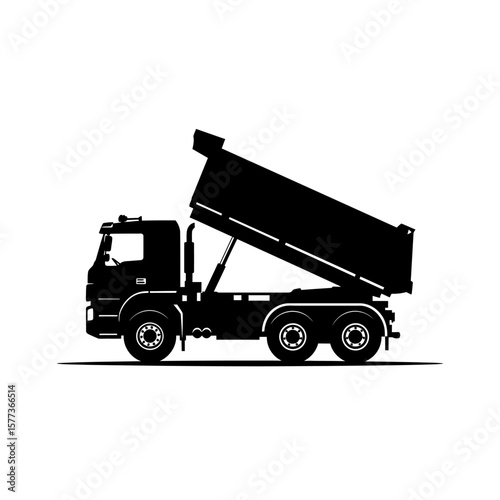 Silhouette of a large dump truck with its bed raised high, suggesting delivery or construction work, set against a stark white background.