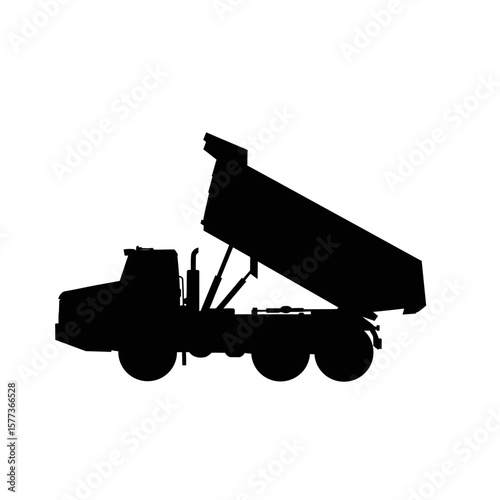 An isolated black silhouette of a dump truck with its bed raised, set against a clean white background, ideal for design and construction themes.
