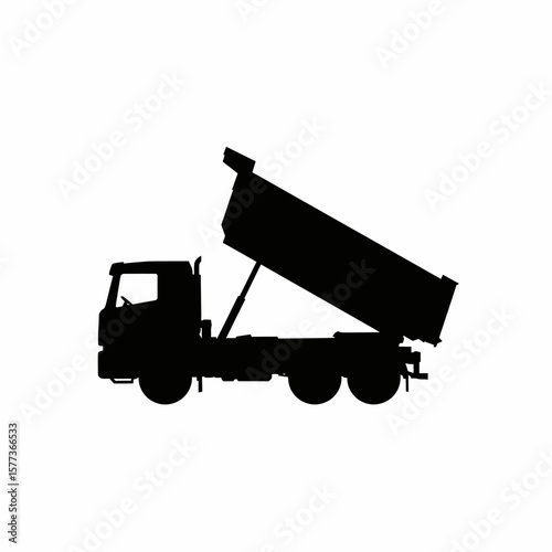 Black silhouette of a dump truck with its bed raised, conveying construction, transport, and heavy industry work on a clean white background.