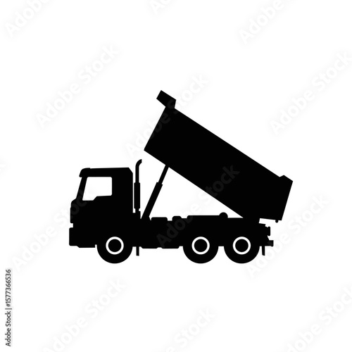 Silhouette of a dump truck with its bed raised, isolated on a white background, symbolizing construction and hauling.