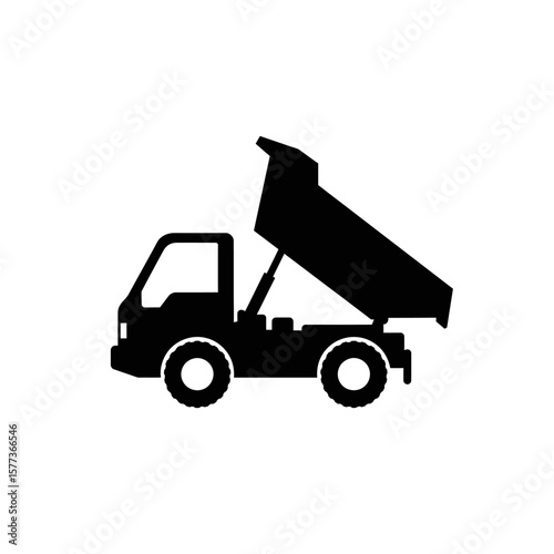 A black silhouette of a dump truck, depicted from a side view, with its bed raised, ready to unload materials, against a clean white background.