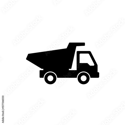 A black and white illustration of a dump truck, a common vehicle used in construction and transportation, is presented against a plain white background.
