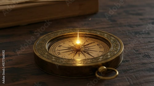 Antique compass on wooden table with open book nearby