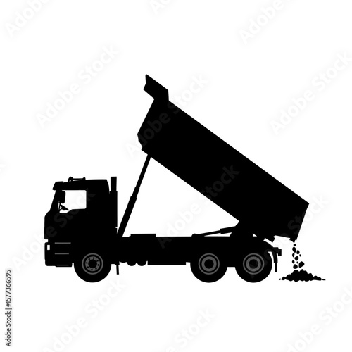 A black silhouette of a dump truck with its bed raised, unloading gravel, isolated against a clean white background, showcasing construction and transport.