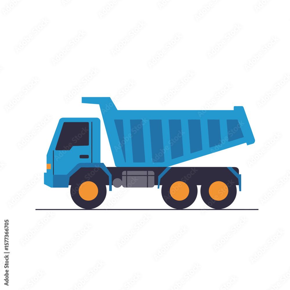 Fototapeta premium A vibrant blue dump truck, illustrated in a simple and modern flat design style, is perfectly isolated on a white background, ideal for construction, transport, and industrial design projects.