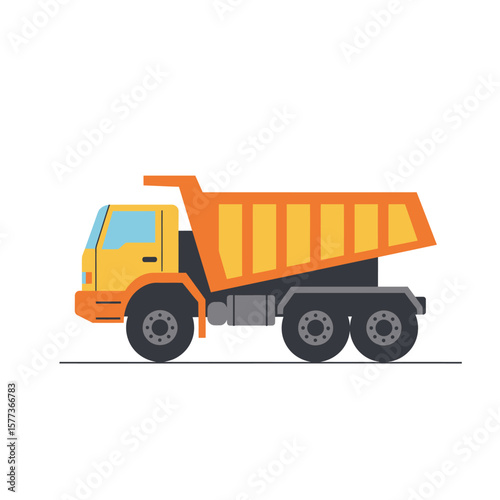 A vibrant illustration showcases a yellow and orange dump truck, depicted in a flat, graphic style, perfect for construction or transportation concepts.