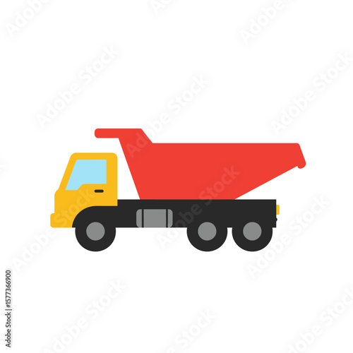 A vibrant red and yellow dump truck icon, perfect for construction, transportation, or industrial projects, is set against a clean white background, offering a simple yet effective visual