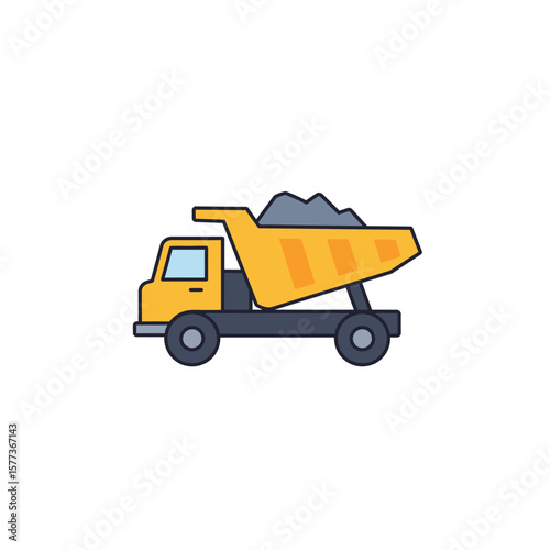 A bright yellow dump truck, depicted in a clean flat design style, is loaded with gravel, ready for construction or hauling tasks.
